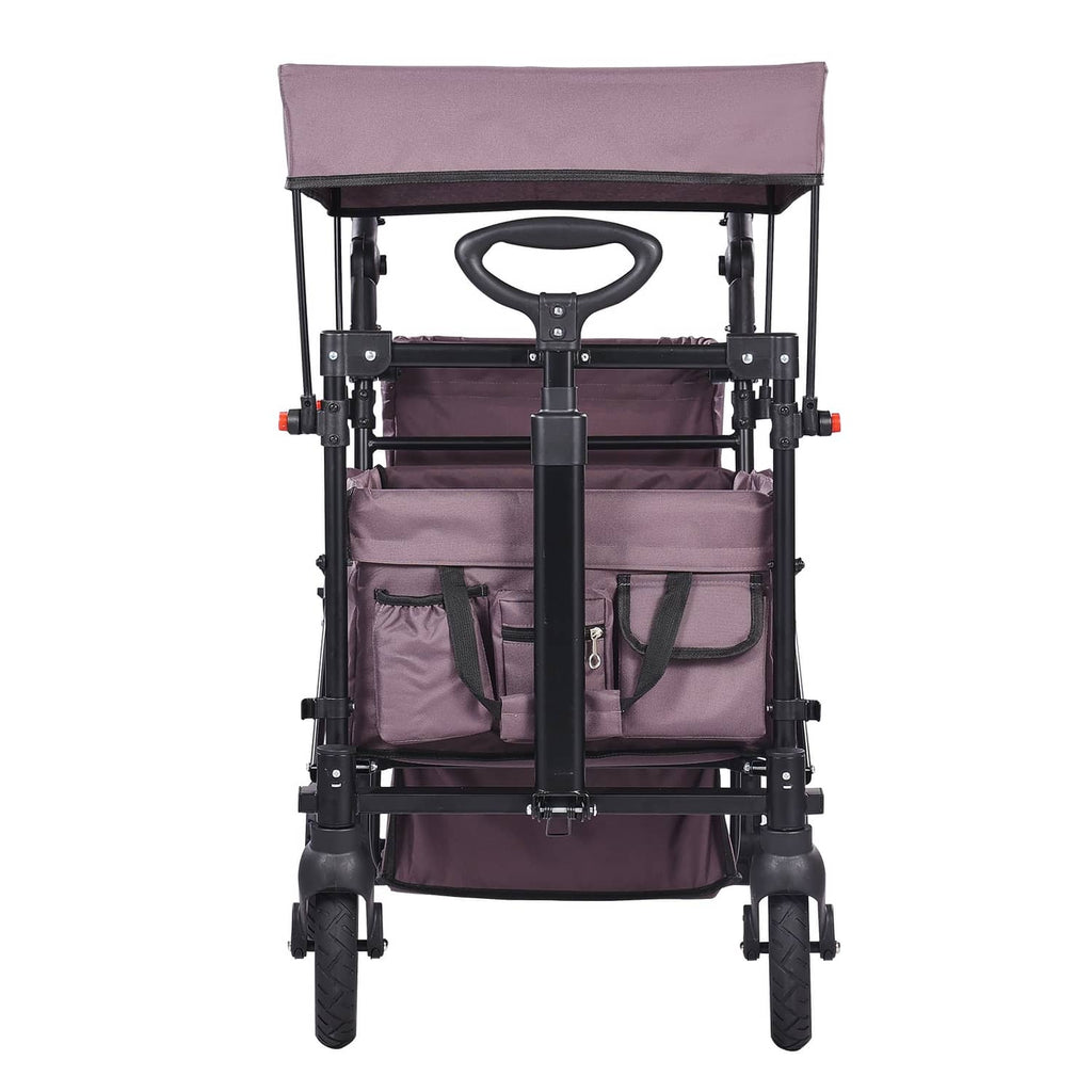 Purple double wagon stroller front view with canopy, two-seat bench and storage pockets