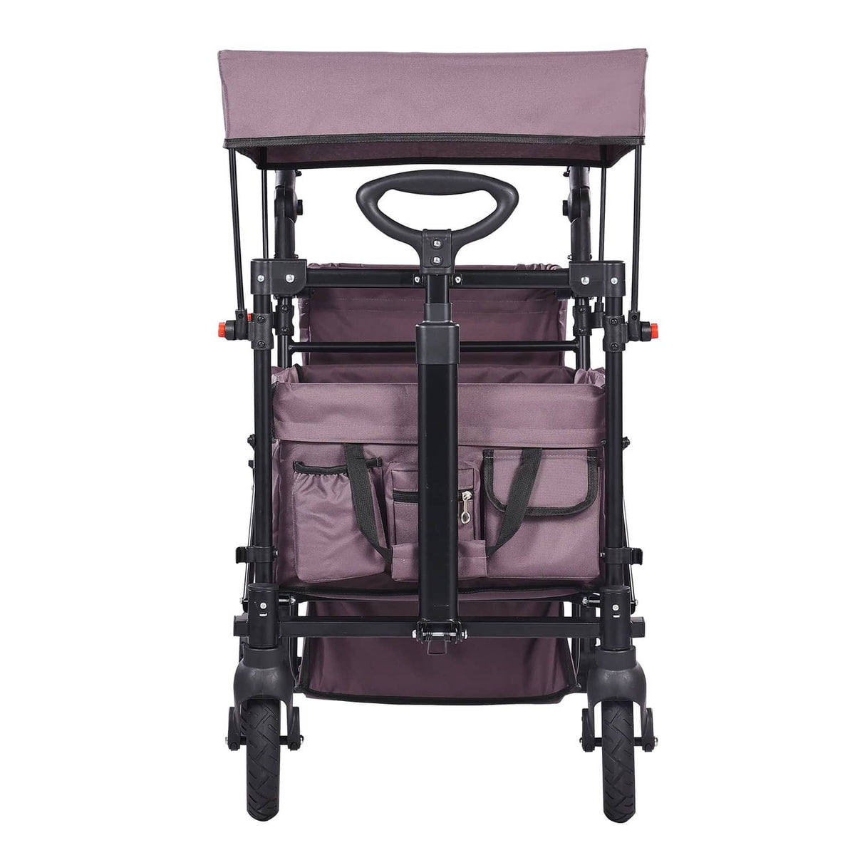 Purple double wagon stroller front view with canopy, two-seat bench and storage pockets