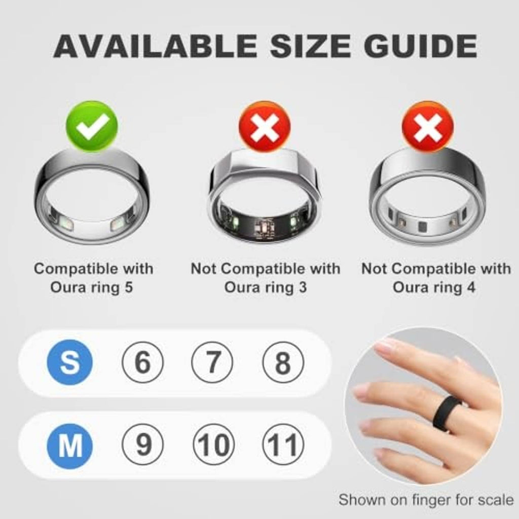 Black smart ring cover case with size layout icons and ring views