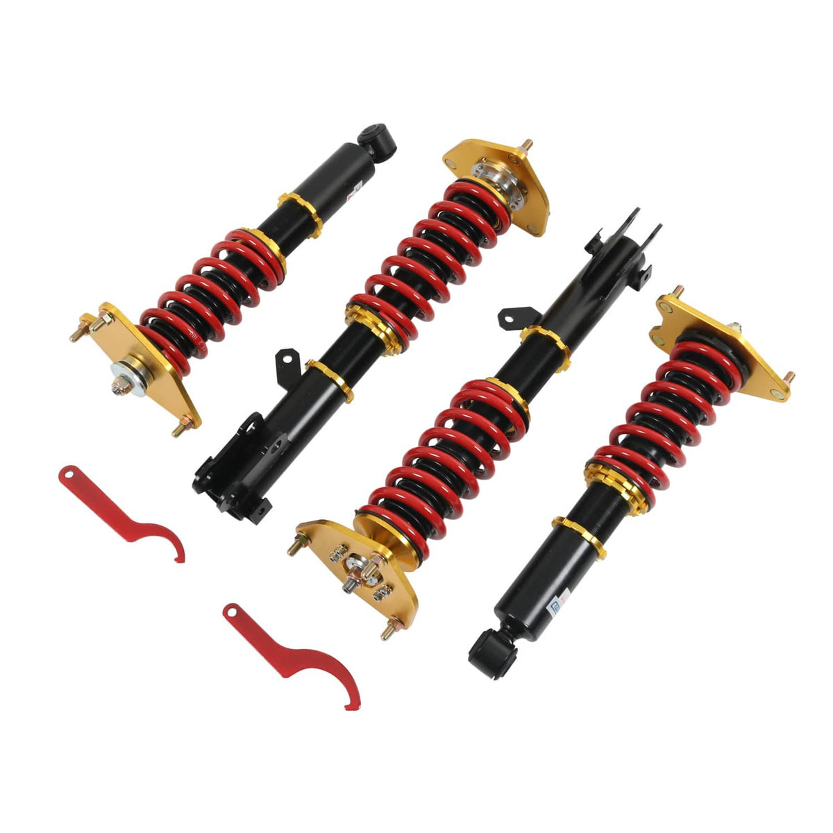 Coilover strut pair shown at an angle, red springs, gold top plates, black body