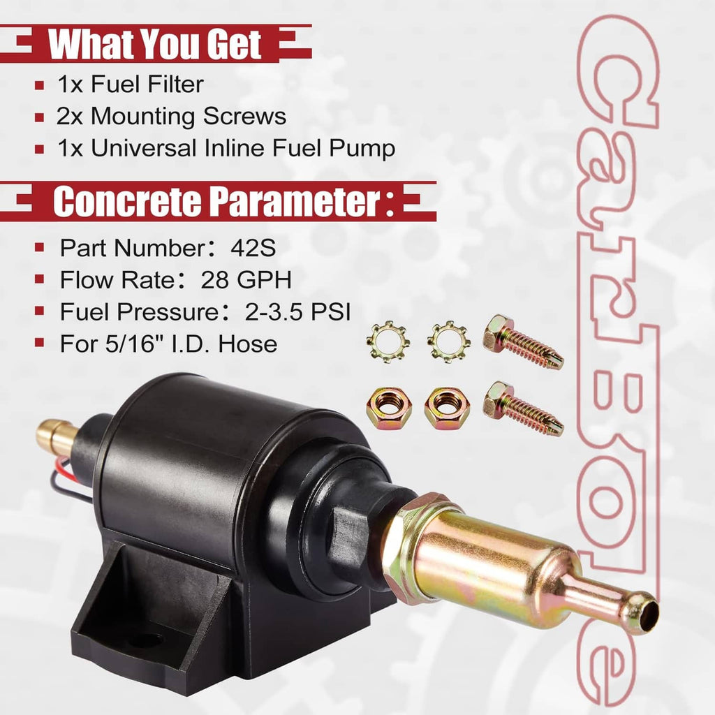 Fuel pump kit with mounting screws, brass connectors, and black inline pump body