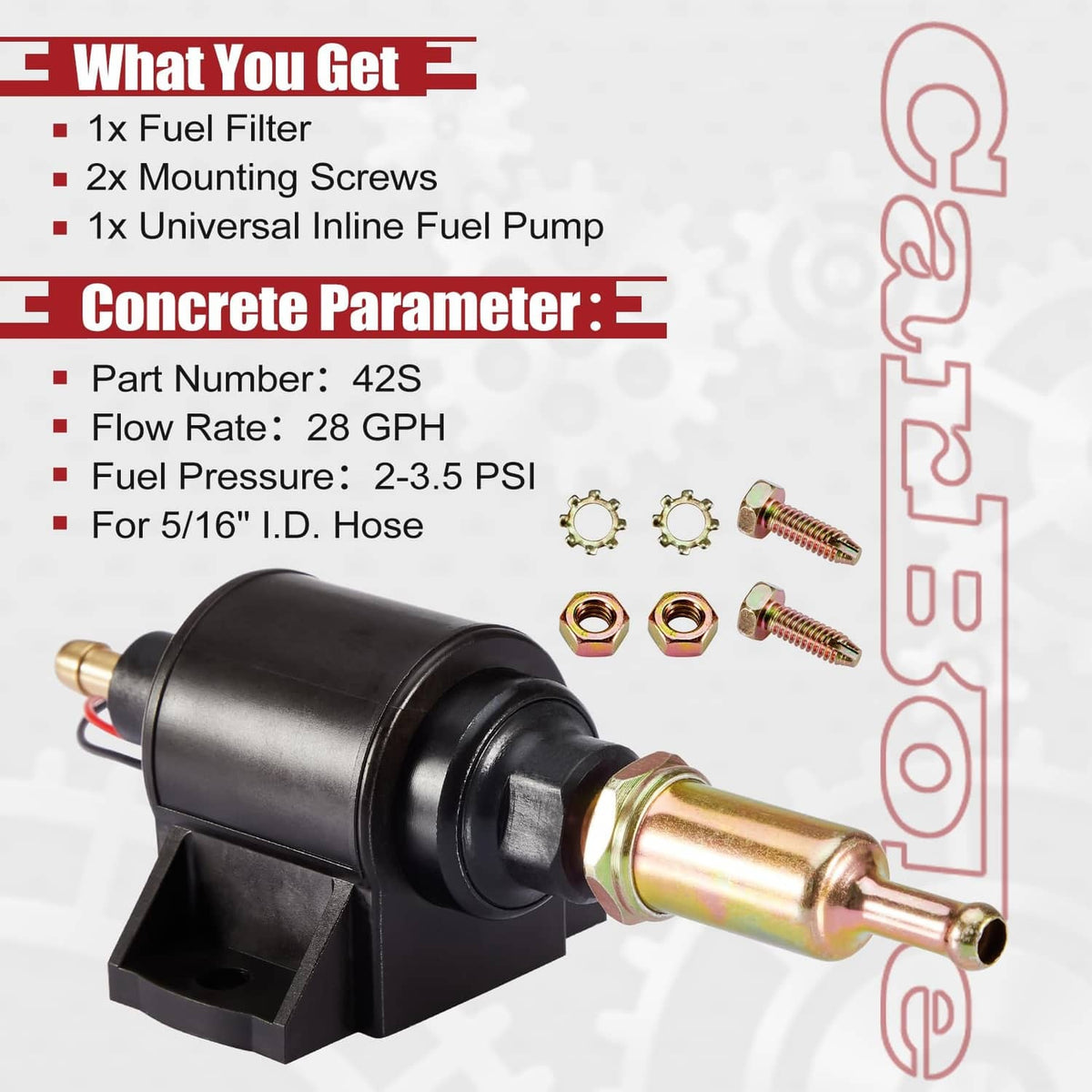 Fuel pump kit with mounting screws, brass connectors, and black inline pump body