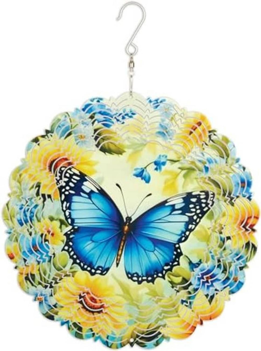 Round hanging wind spinner featuring a blue butterfly on yellow and blue ribbon swirl
