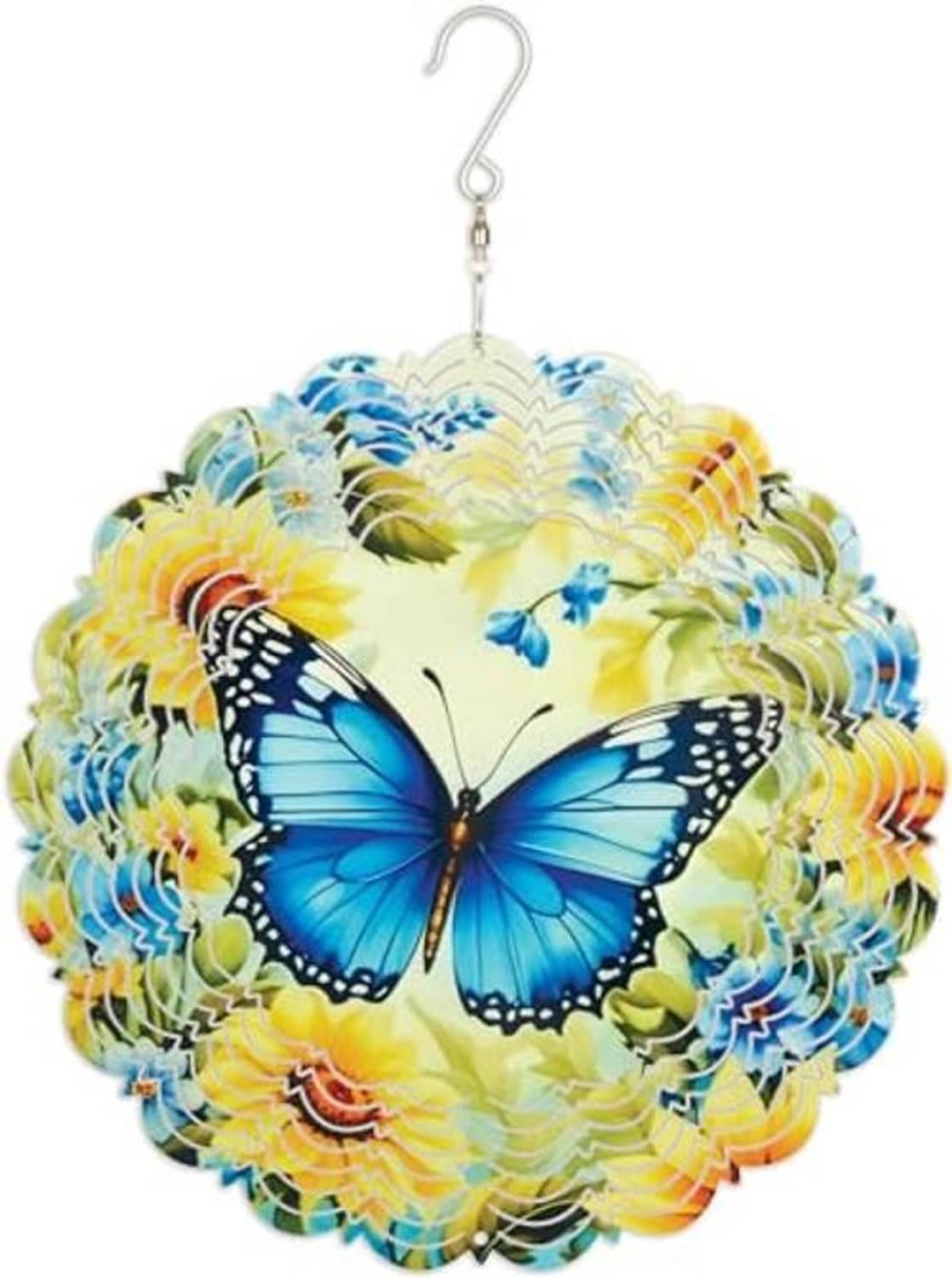 Round hanging wind spinner featuring a blue butterfly on yellow and blue ribbon swirl