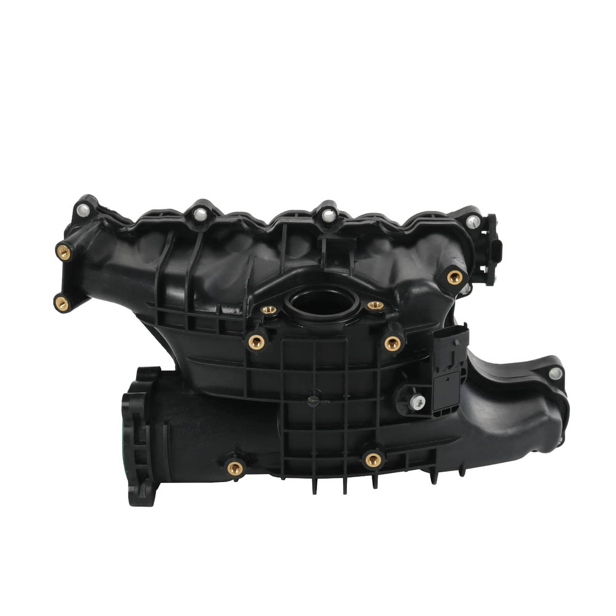 Black intake manifold engine intake assembly with inlet duct and bolt holes