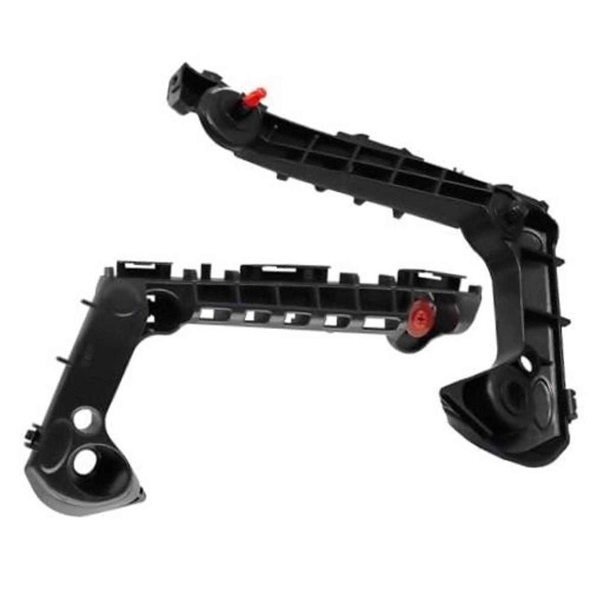 Pair of front bumper mounting support brackets, black plastic with red fastener inserts