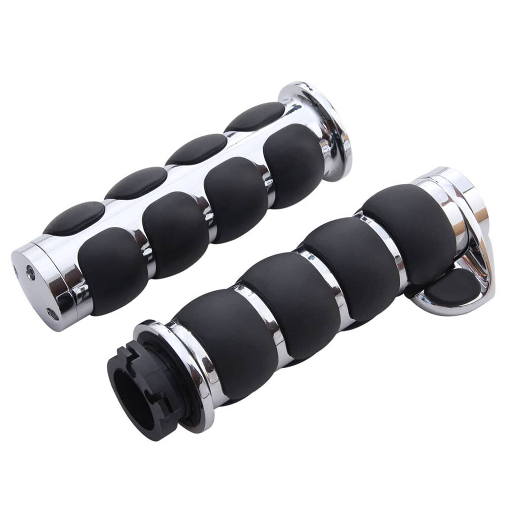 Pair of motorcycle grips with black rubber pads and chrome end housings