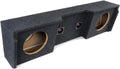 Gray sealed dual subwoofer enclosure with two circular speaker openings and wiring terminals.