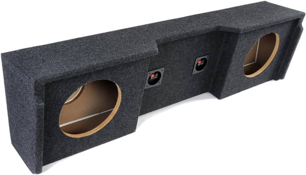 Gray sealed dual subwoofer enclosure with two circular speaker openings and wiring terminals.