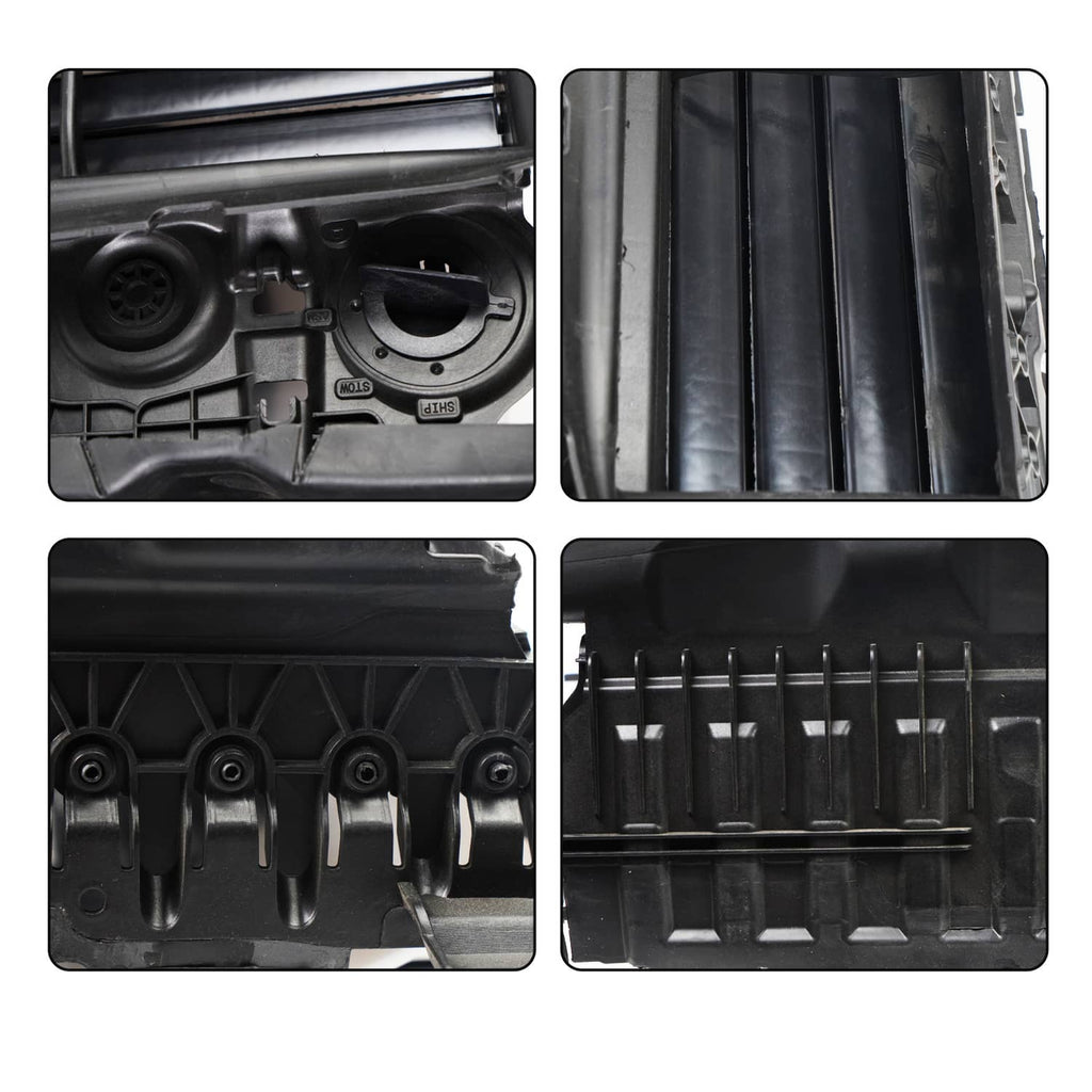 Black grille shutter assembly showing inner slats, fan-style motor housing details