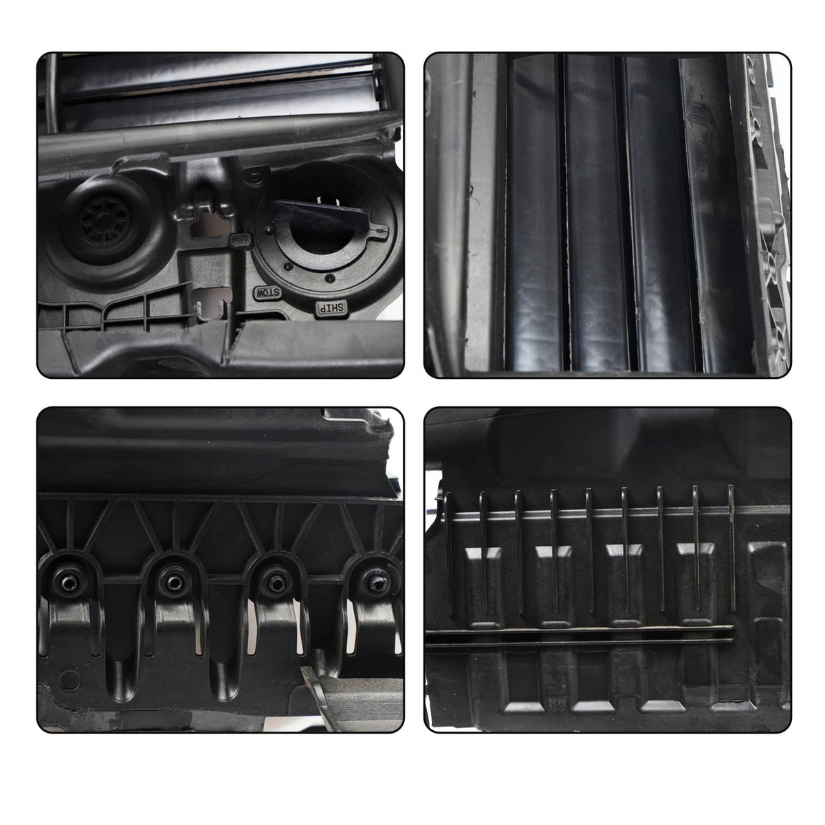 Black grille shutter assembly showing inner slats, fan-style motor housing details