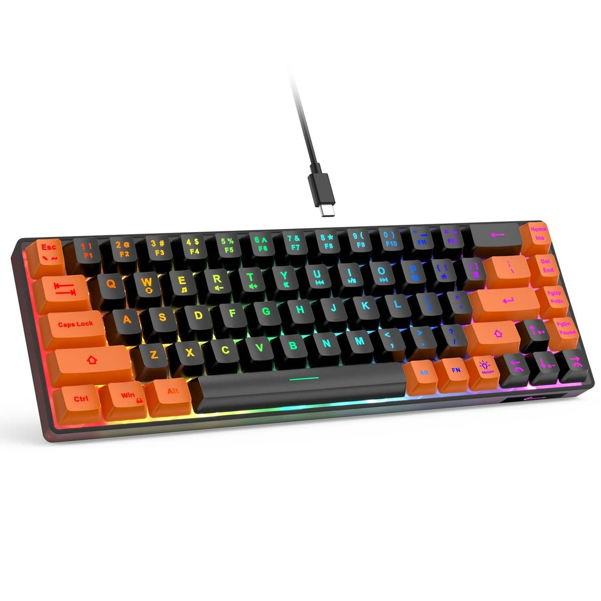 Mini wired gaming keyboard with colorful LED backlighting and black-orange keycaps