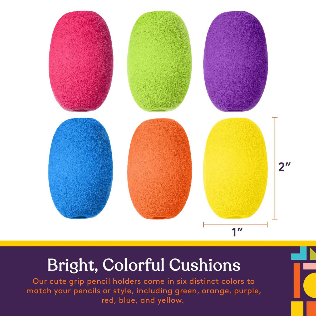 Foam egg pencil grips, six colors: pink, green, purple, blue, orange, yellow