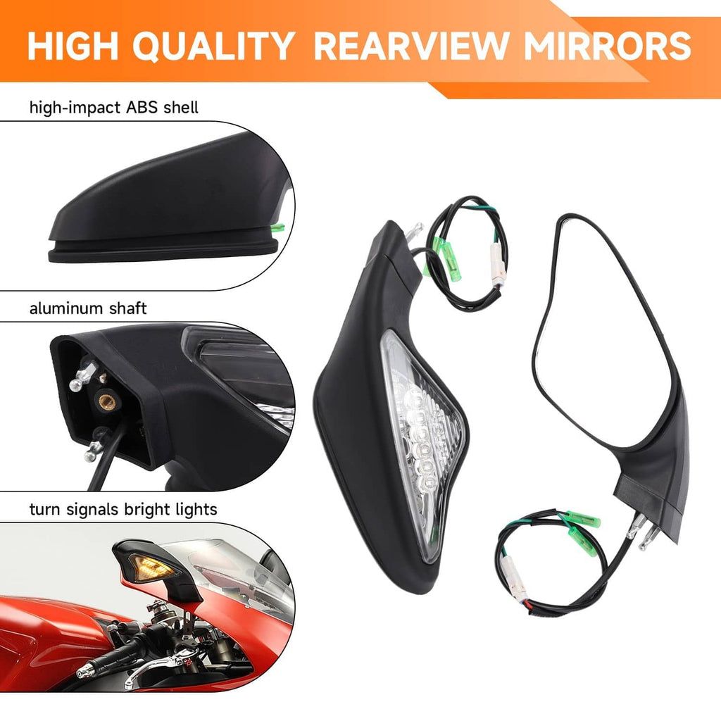 Motorcycle rearview mirror signal lights, black housings with clear LED lenses and connectors