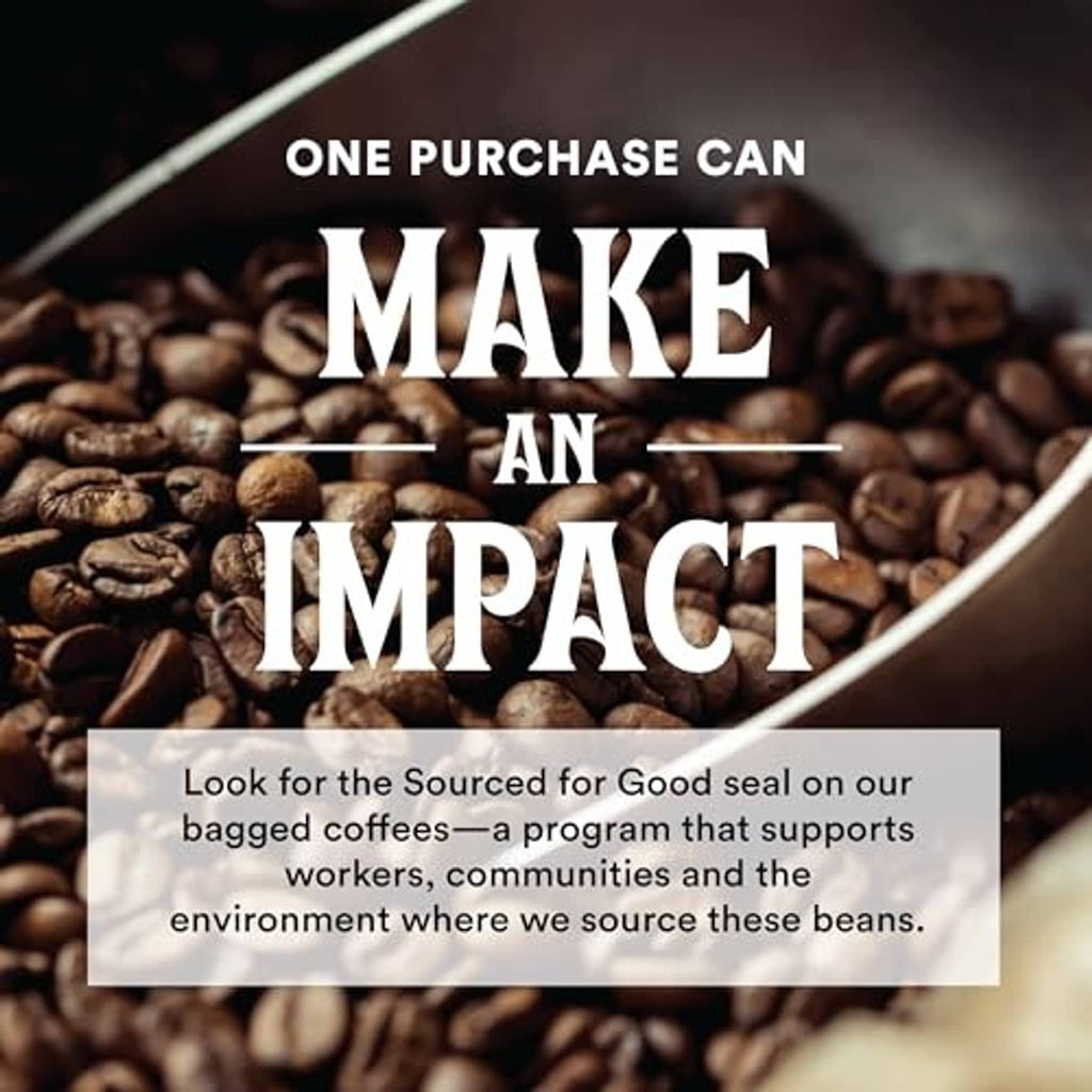 Coffee impact message on brand information card with coffee bean background