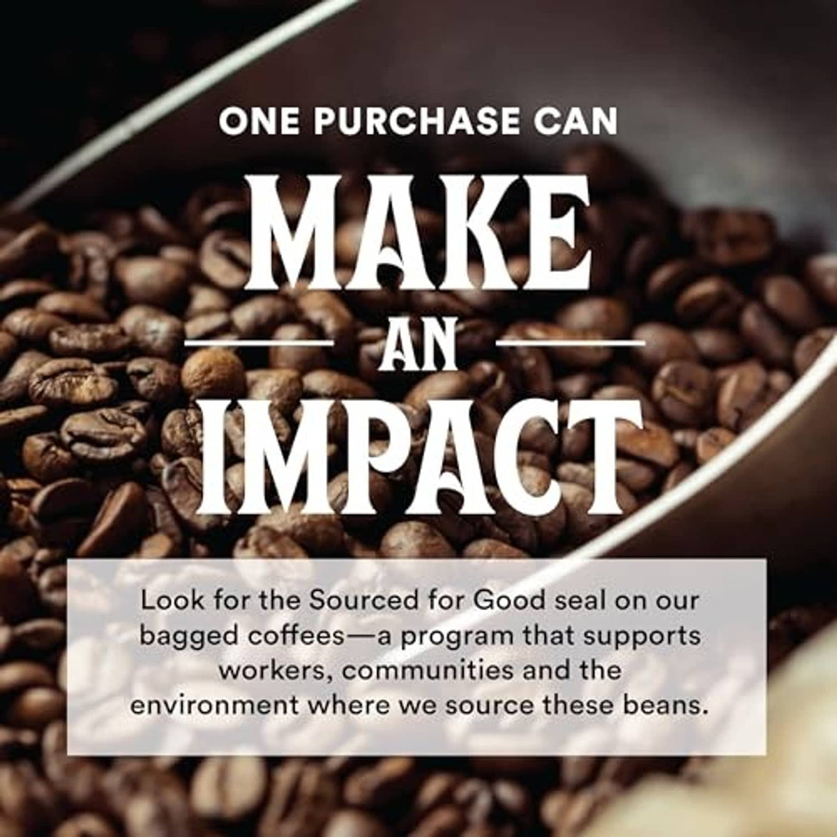 Coffee impact message on brand information card with coffee bean background