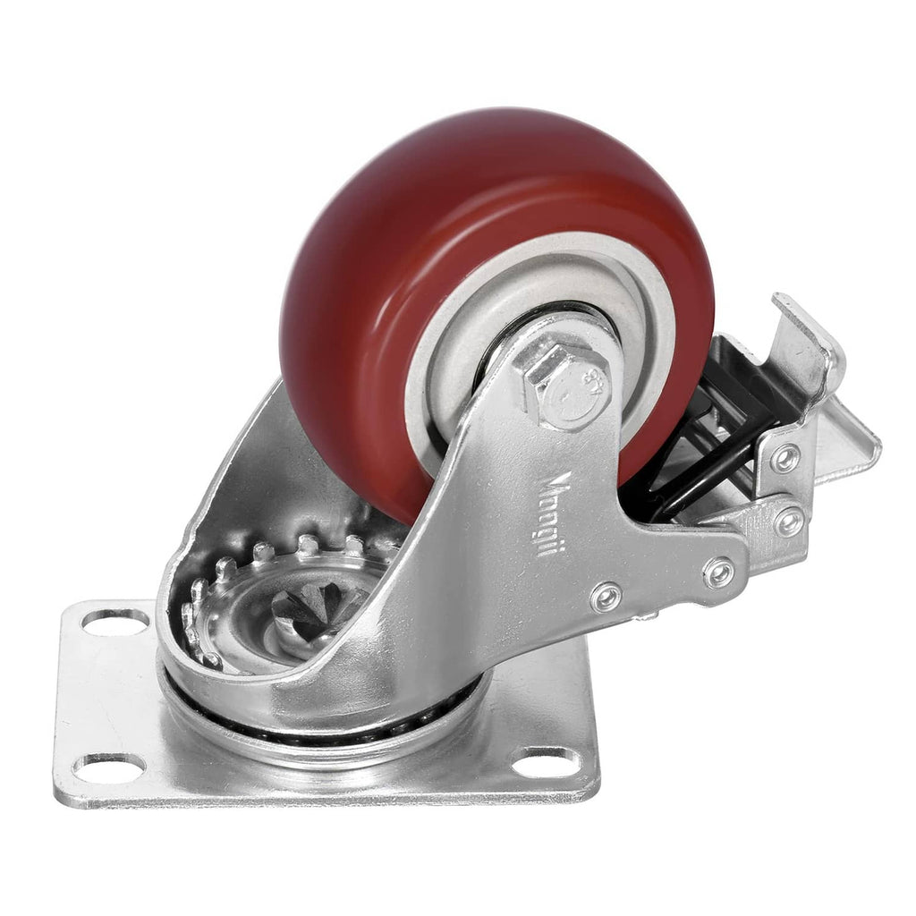 3-inch caster close-up: red polyurethane wheel with steel mounting bracket