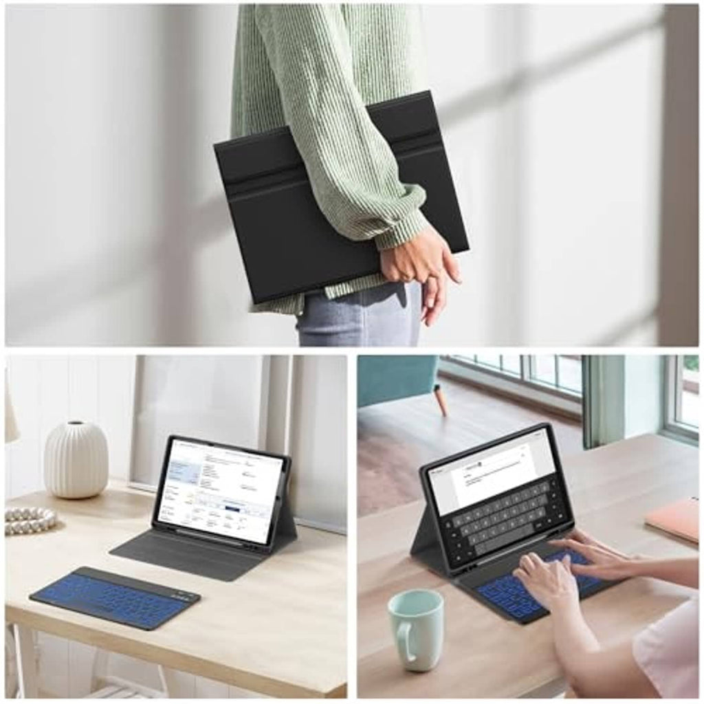 Black folio keyboard case with detachable keyboard and tablet stand setup
