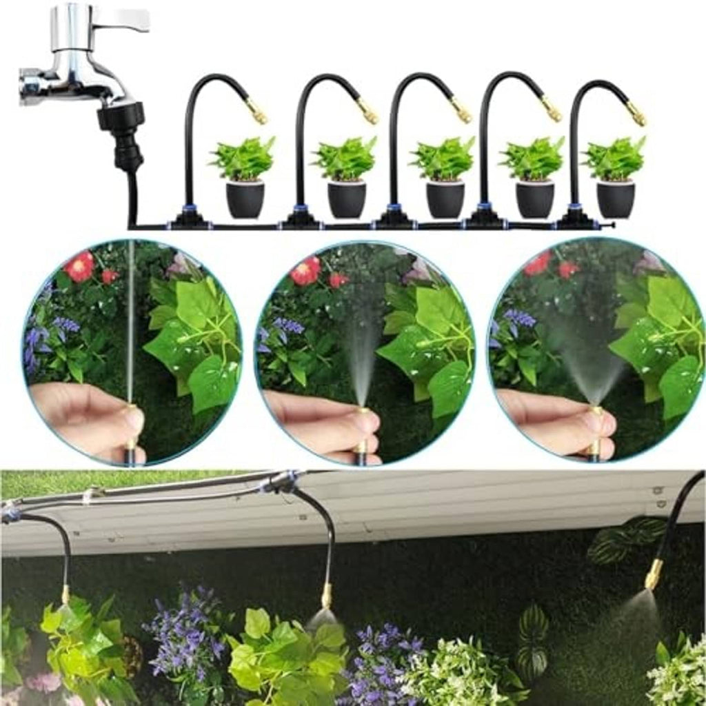 Outdoor misting line installed above plants with multiple nozzles producing fine spray