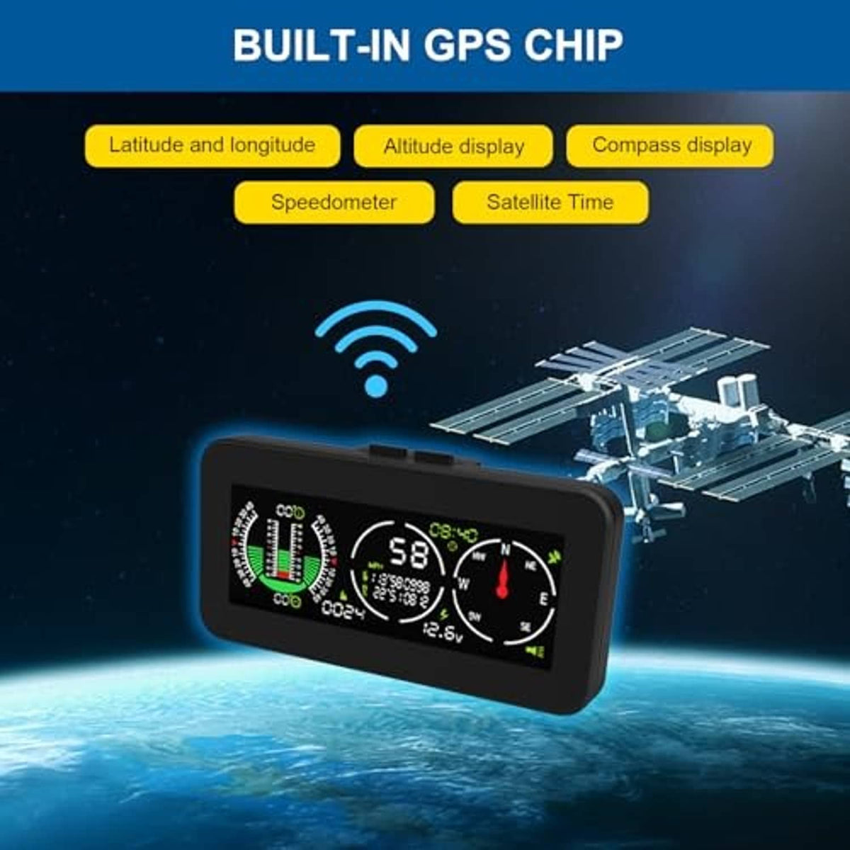 Car GPS speedometer inclinometer display with satellite and positioning icons