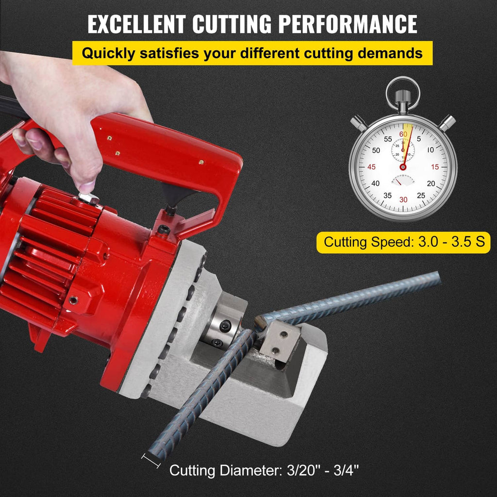 Electric rebar cutter clamping handle with gray die and steel rebar pieces