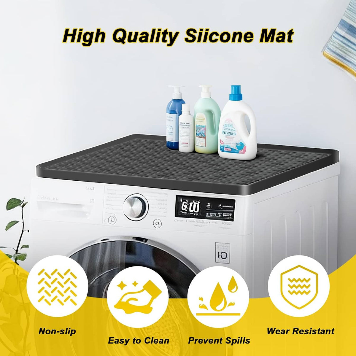 Black silicone mat with textured pattern for preventing slips and spills