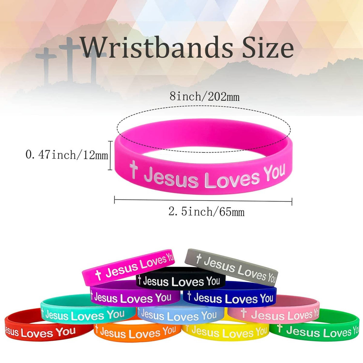 Pink silicone wristband with cross and “Jesus Loves You” print