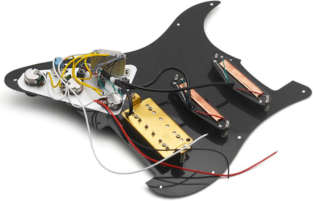 Black electric guitar pickguard assembly with wired pickups, controls, and harness