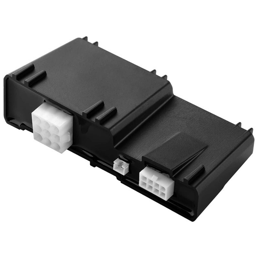 Black control module with white connector sockets and ridged plastic cover
