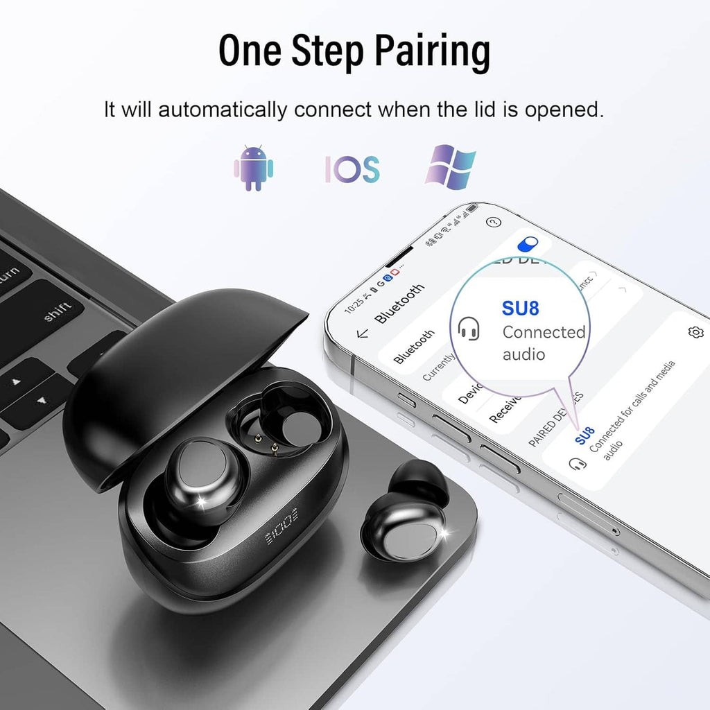 Black sleep earbuds and charging case beside a smartphone showing Bluetooth audio
