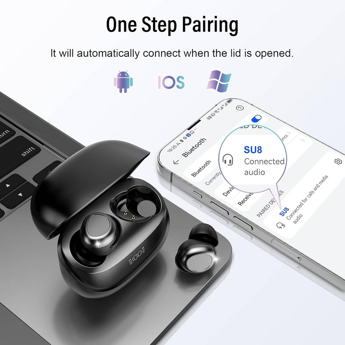 Black sleep earbuds and charging case beside a smartphone showing Bluetooth audio