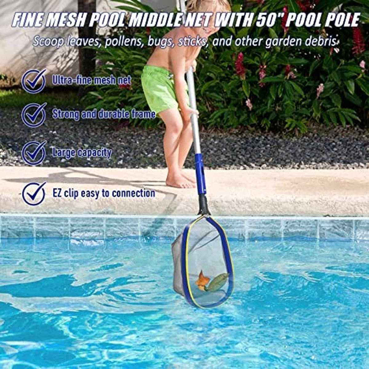Fine mesh pool leaf skimmer net with blue rim and telescopic pole