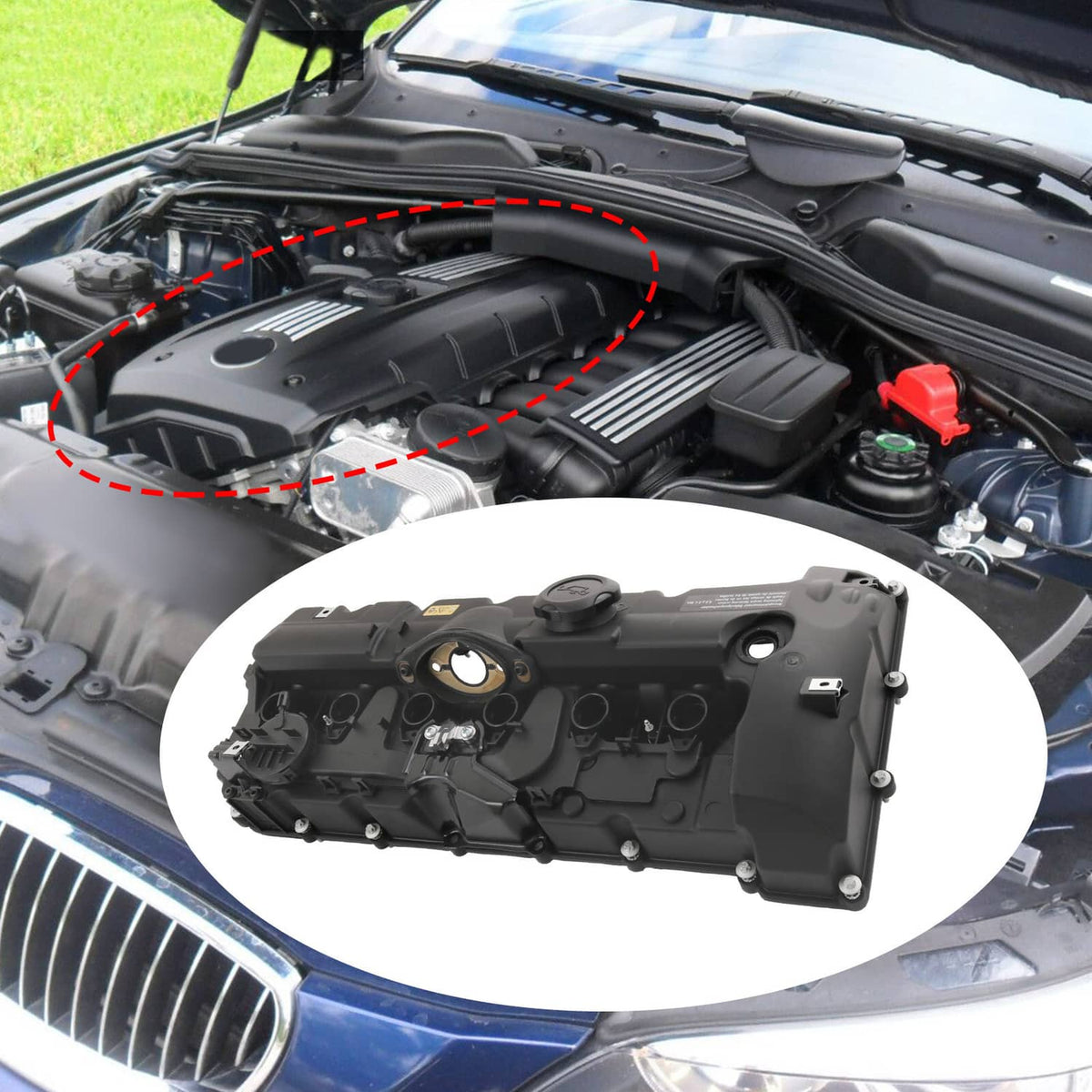 Black valve cover with gasket, shown installed in a car engine bay