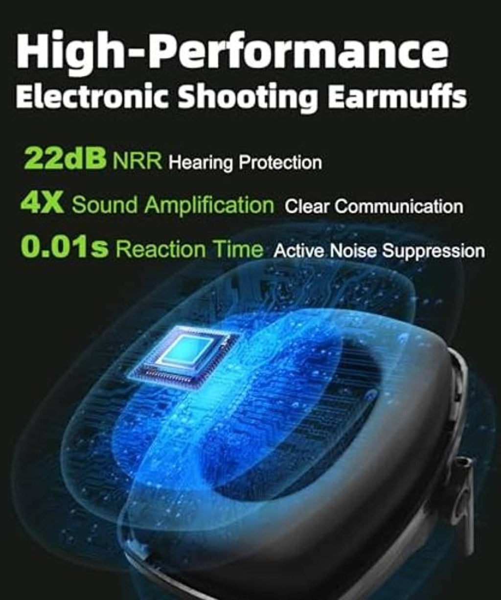 Electronic shooting earmuff ear cup with illuminated speaker module, black and gray design