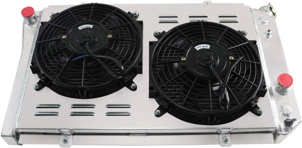 Aluminum radiator top view with two black fans and vented fan shroud cover