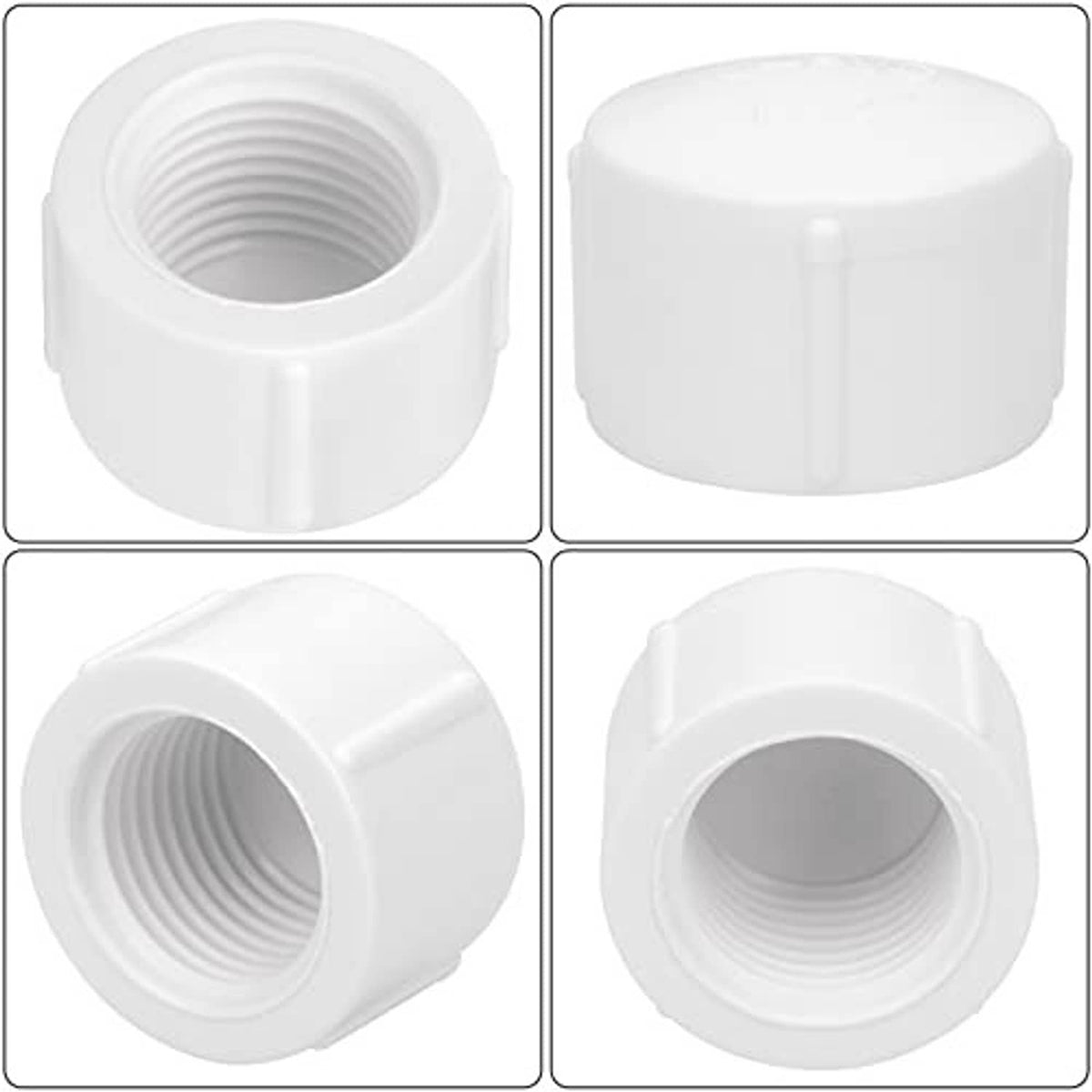 White PVC 1/2 inch female threaded pipe end caps shown from multiple angles