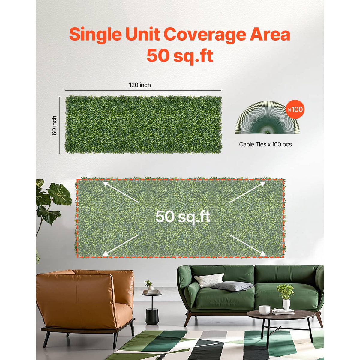 Green artificial grass wall panel, rectangular with dense foliage