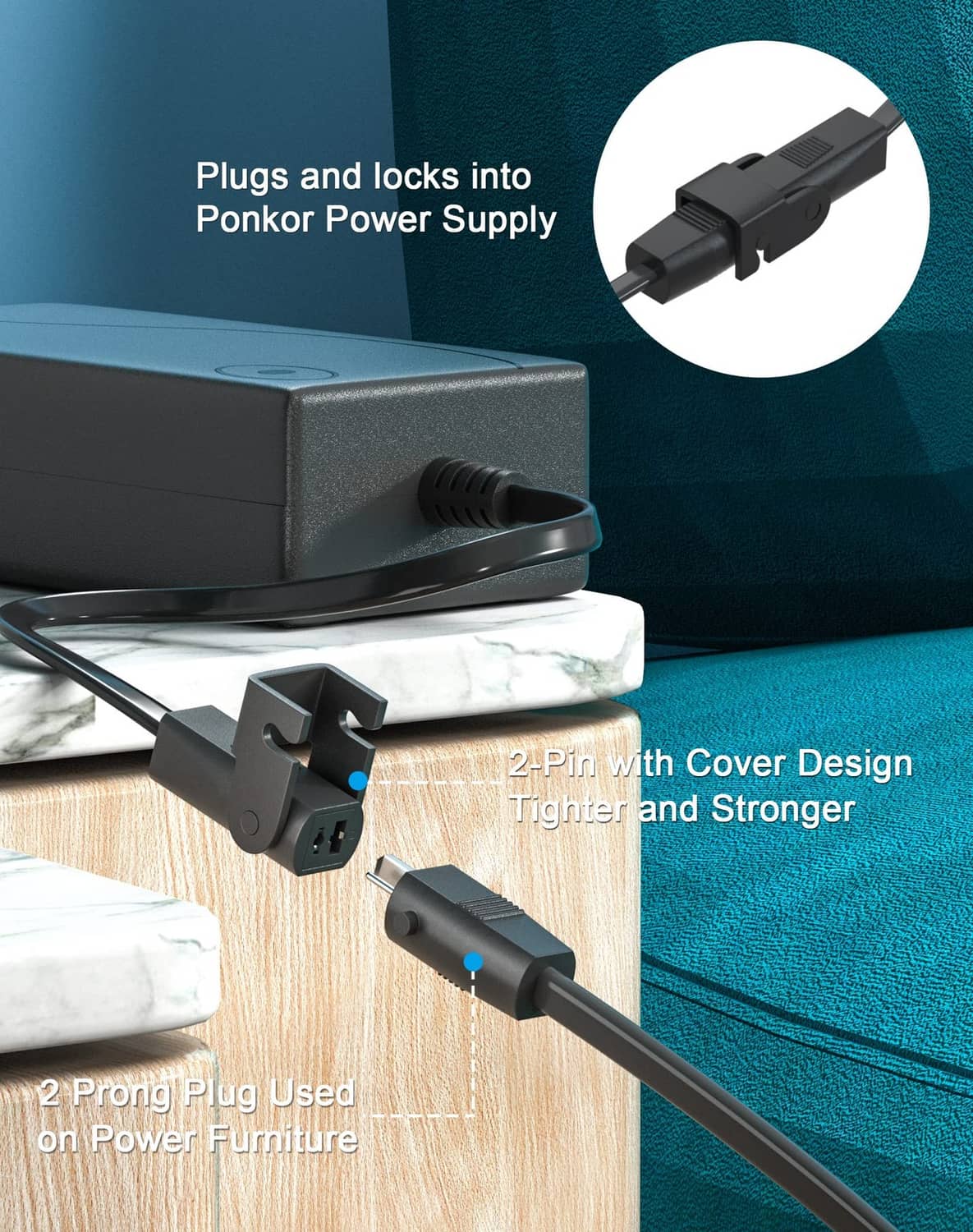 Black recliner power supply with locking plug and covered connector