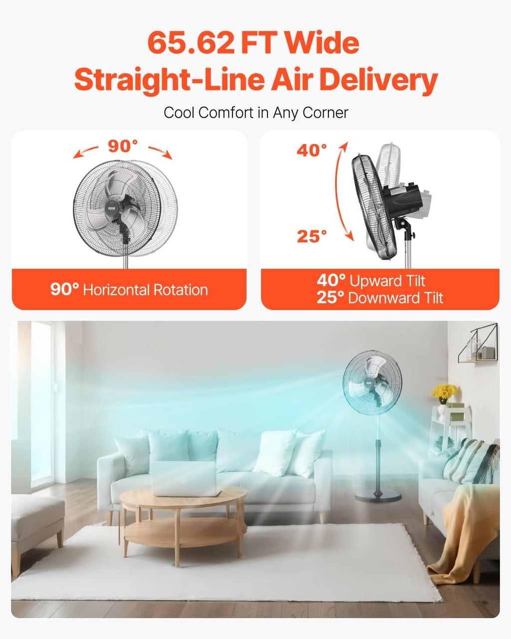 Pedestal fan with wide straight-line airflow and up-and-down tilt head