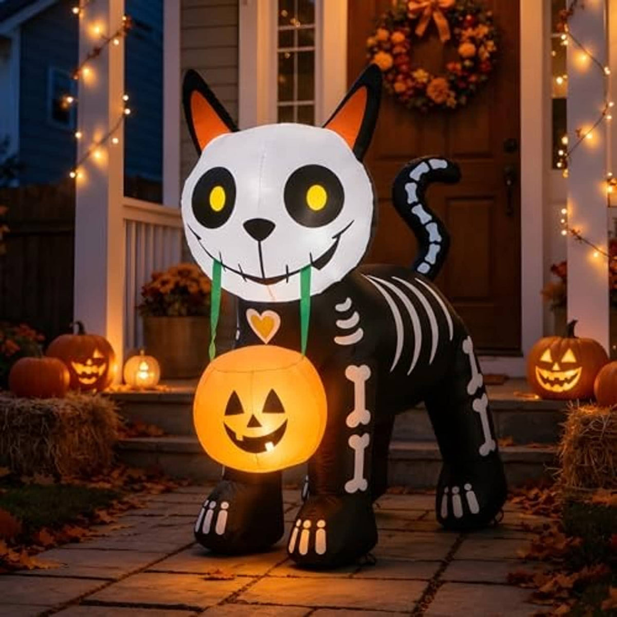 Front view inflatable black cat holding glowing jack-o'-lantern pumpkin on walkway