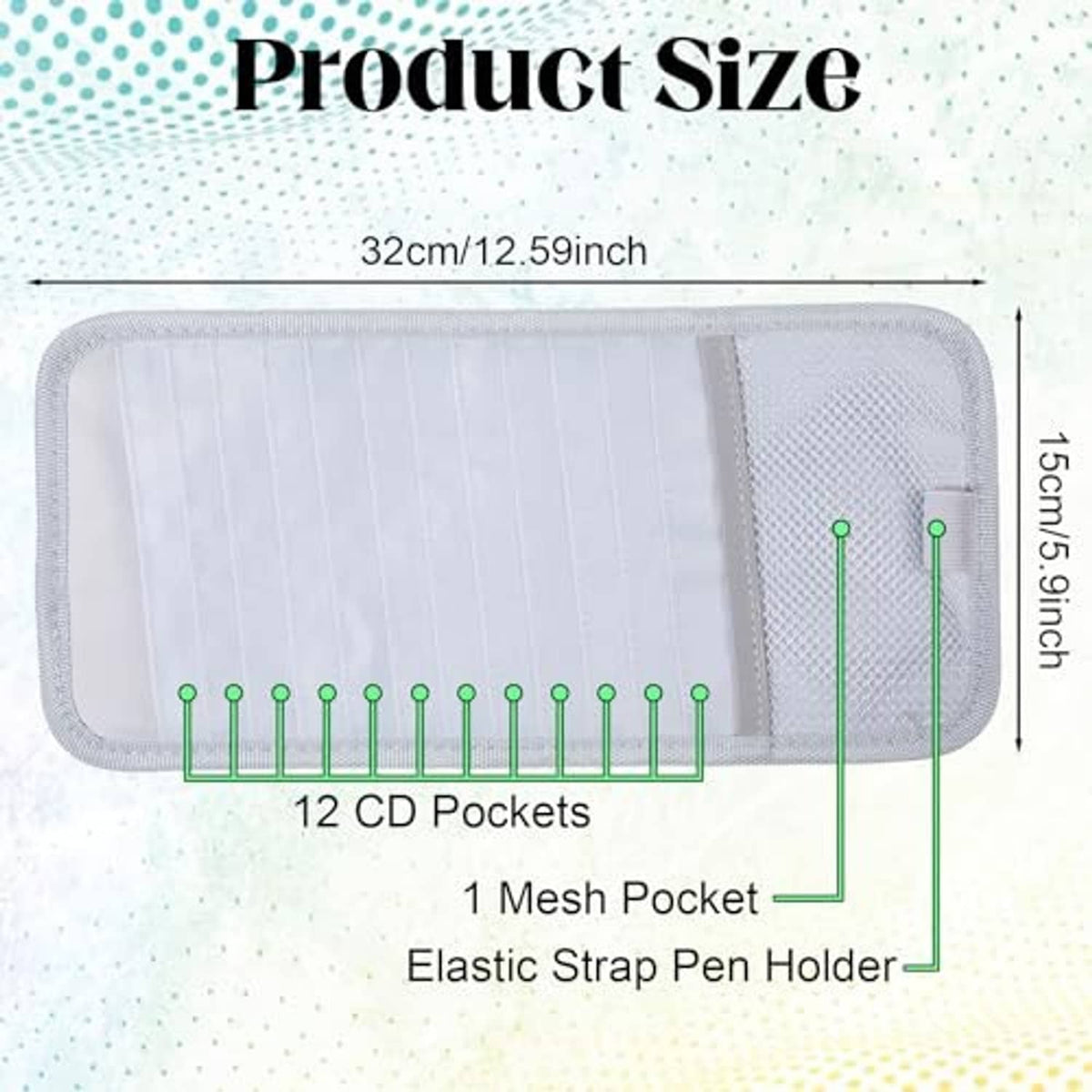 Gray CD organizer case with 12-pocket layout and mesh pen holder section