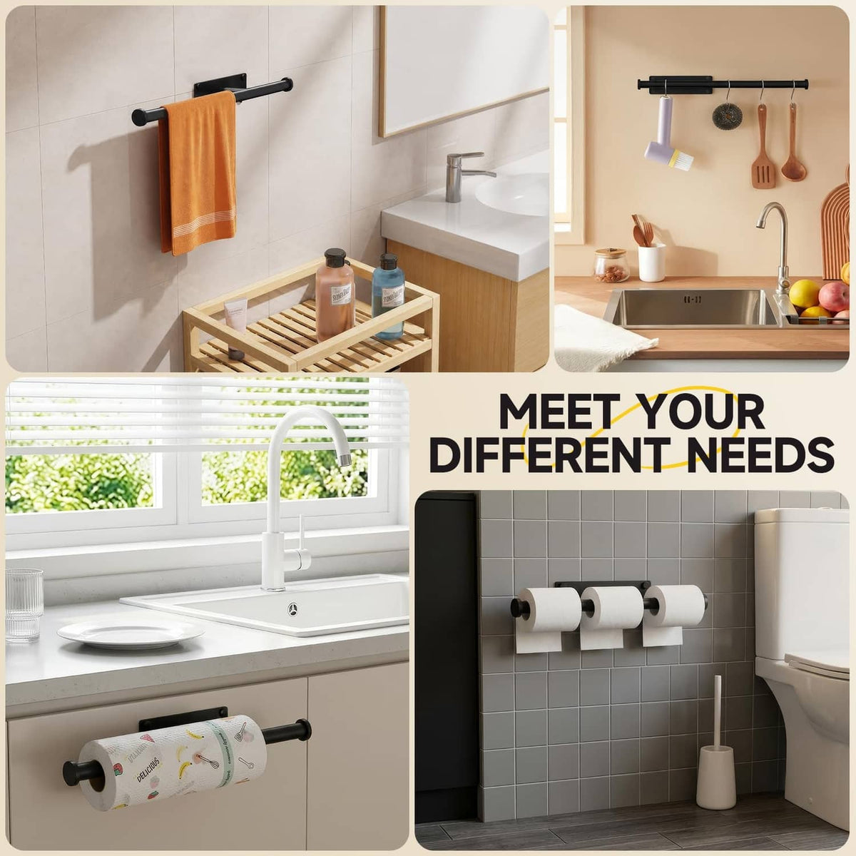 Black wall-mount paper towel holder with white roll, shown in different room styles