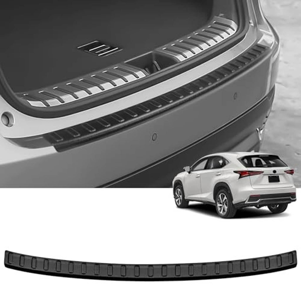 Matte black rear bumper protector strip with raised tread pattern shown on rear bumper