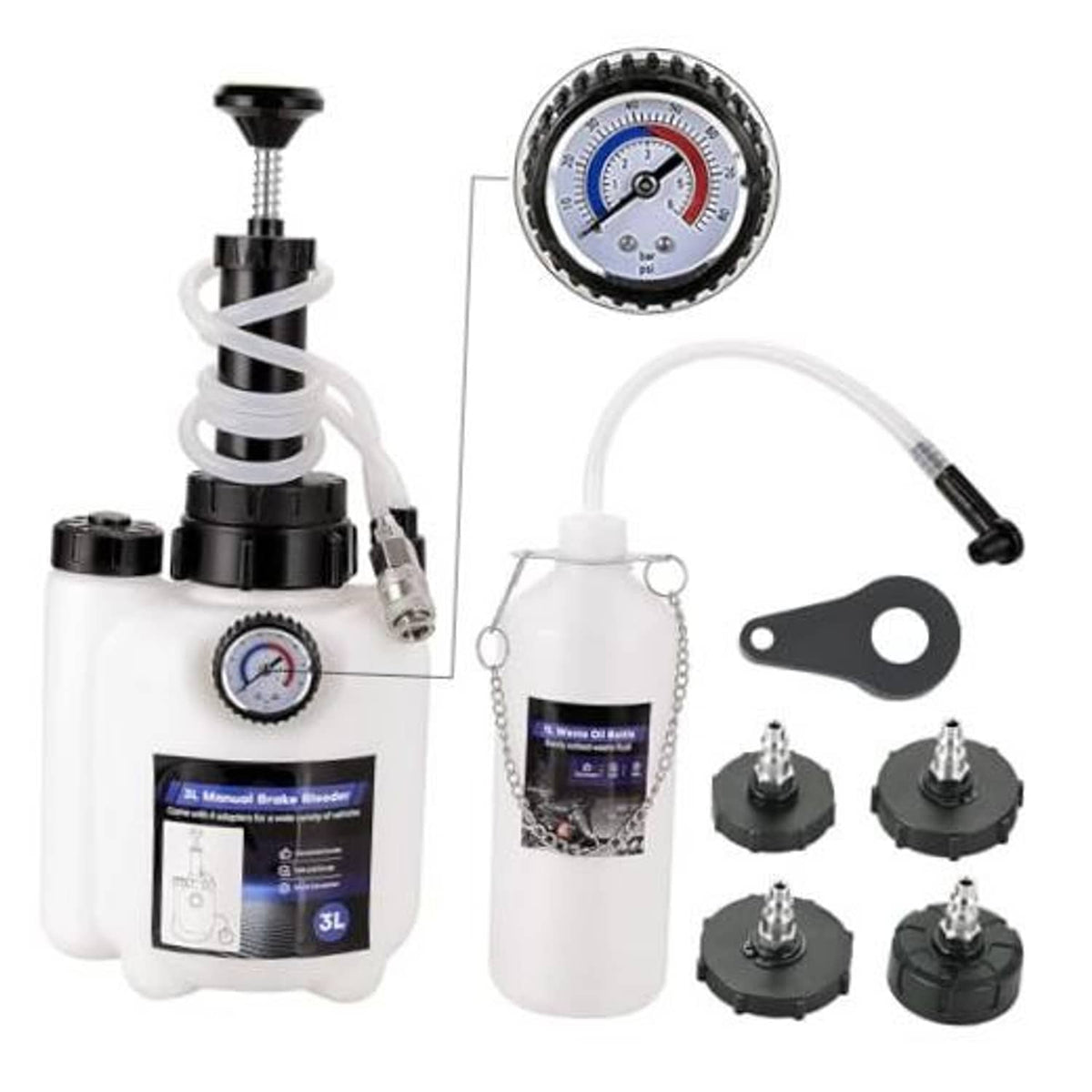 Manual brake bleeder kit with pressure gauge, valve, hose, adapters, and 3L waste bottle