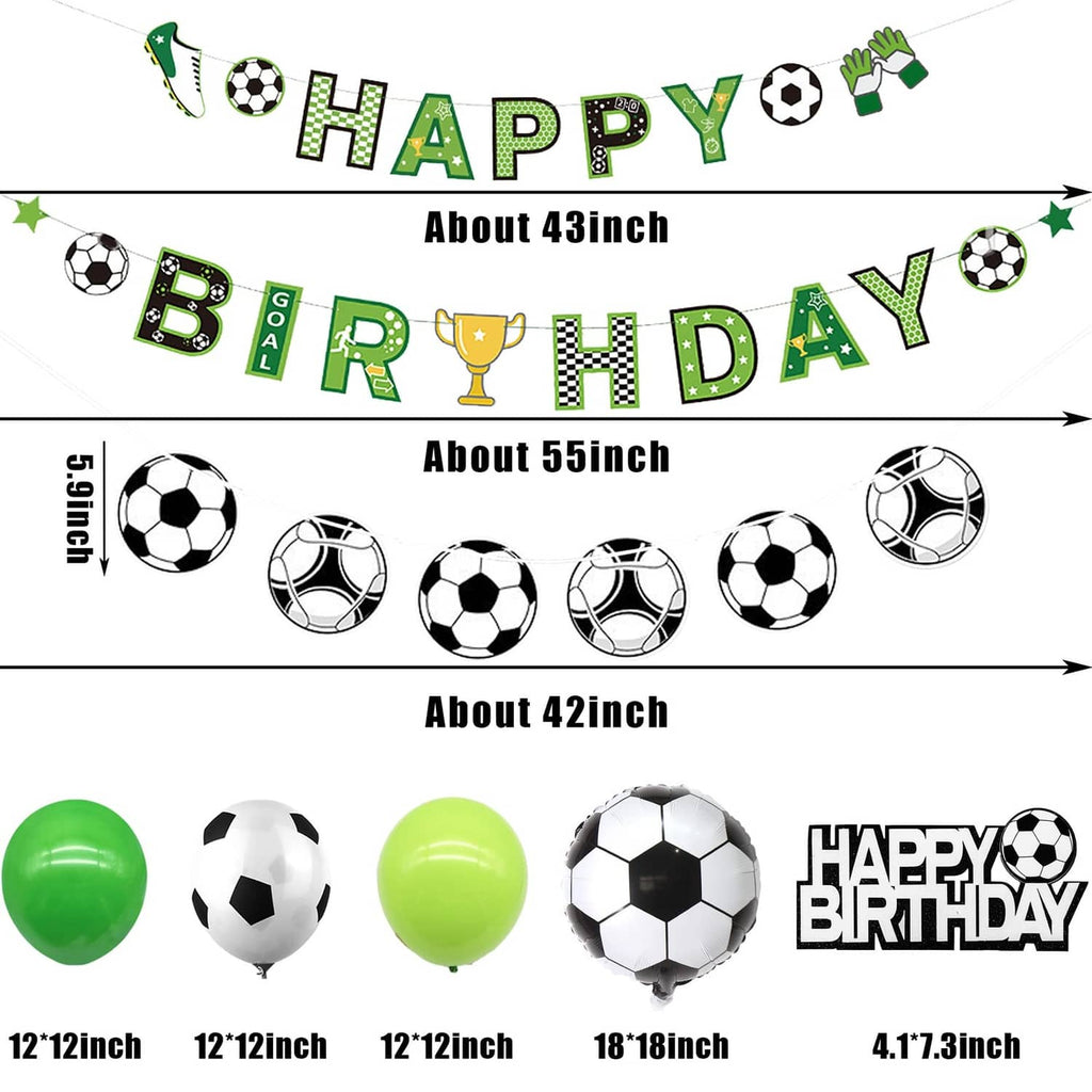 Soccer birthday balloon and banner size chart with black-and-white ball and green “Happy Birthday”