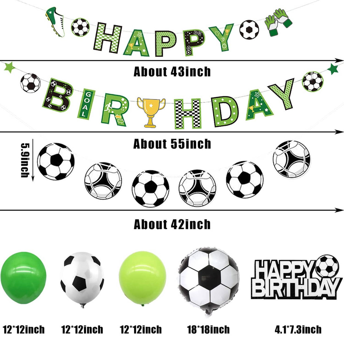 Soccer birthday balloon and banner size chart with black-and-white ball and green “Happy Birthday”