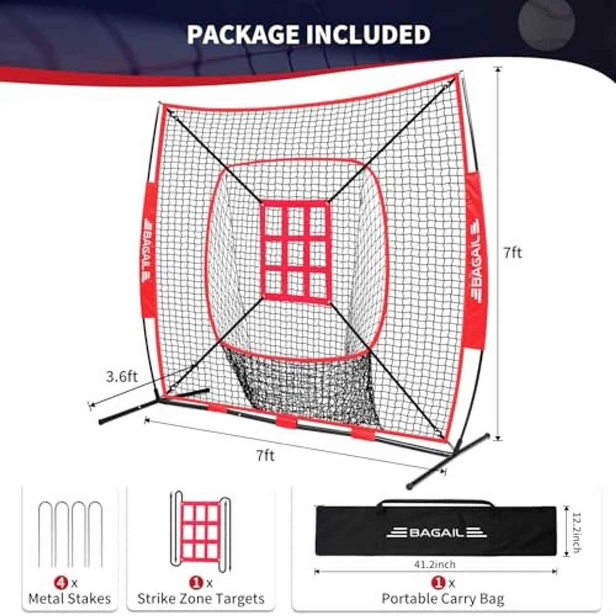 Red and white 7 ft practice net kit with strike zone target, carry bag, and stakes