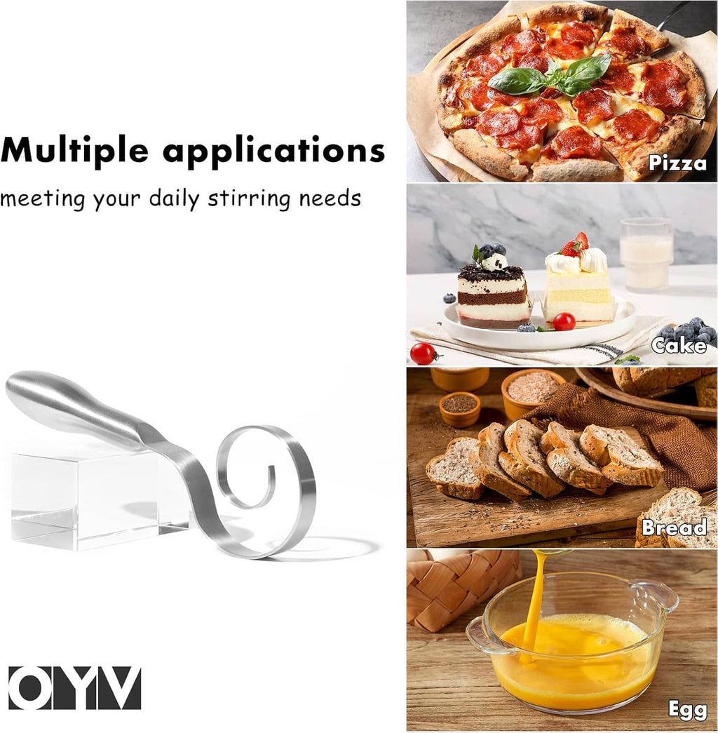 Stainless steel dough whisk with loop head; cooking foods shown nearby