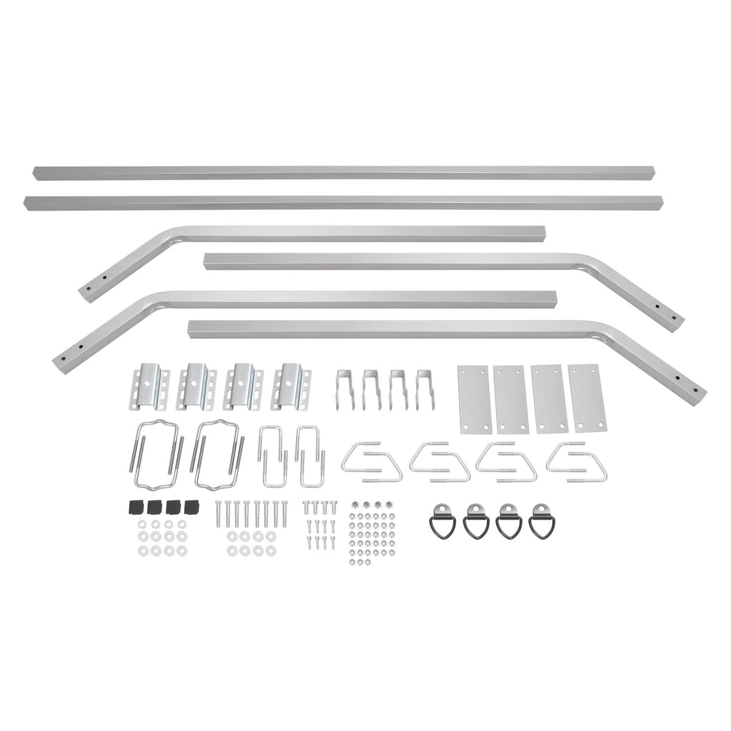 Trailer cross bar system kit components including rails, braces, plates, and tie-down loops