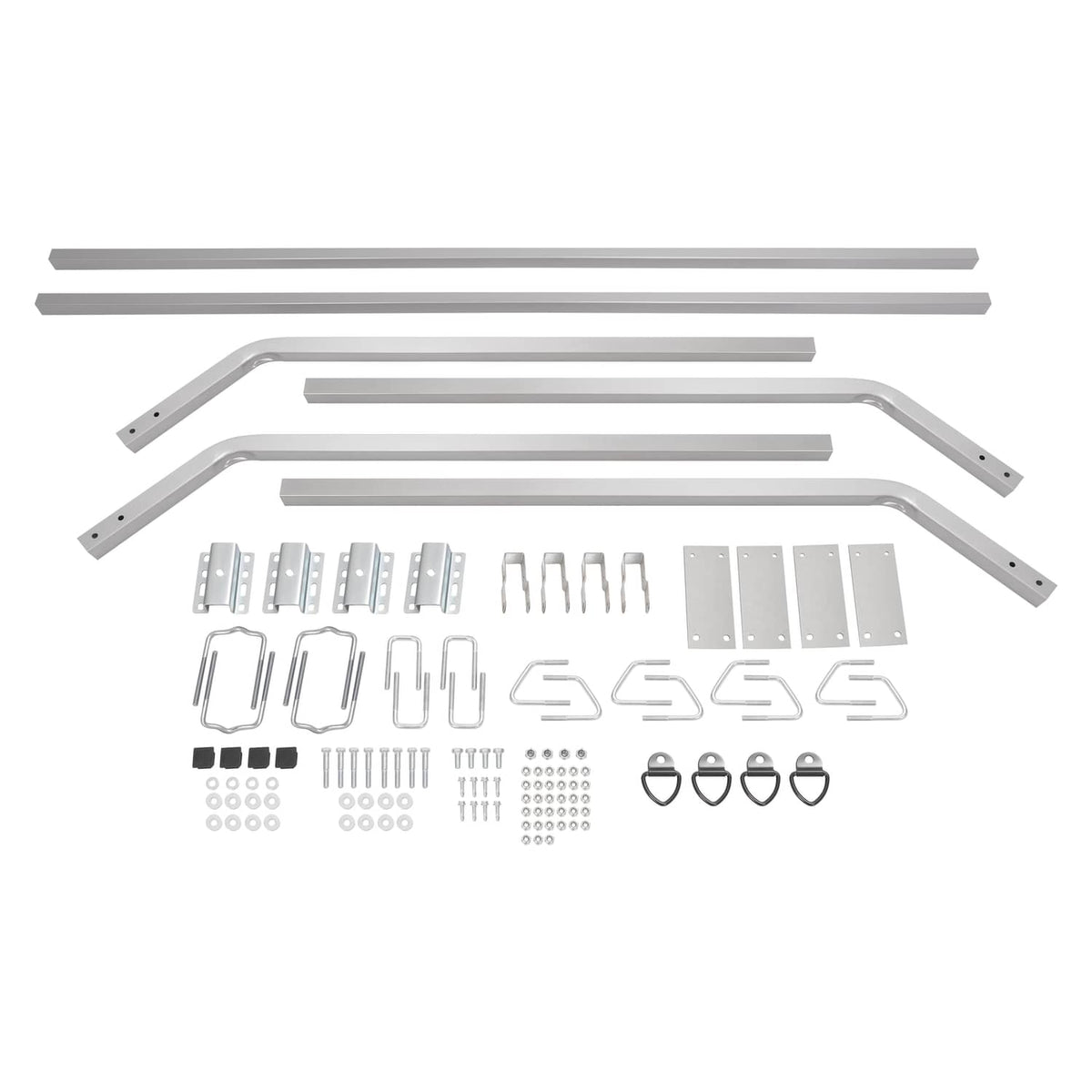 Trailer cross bar system kit components including rails, braces, plates, and tie-down loops